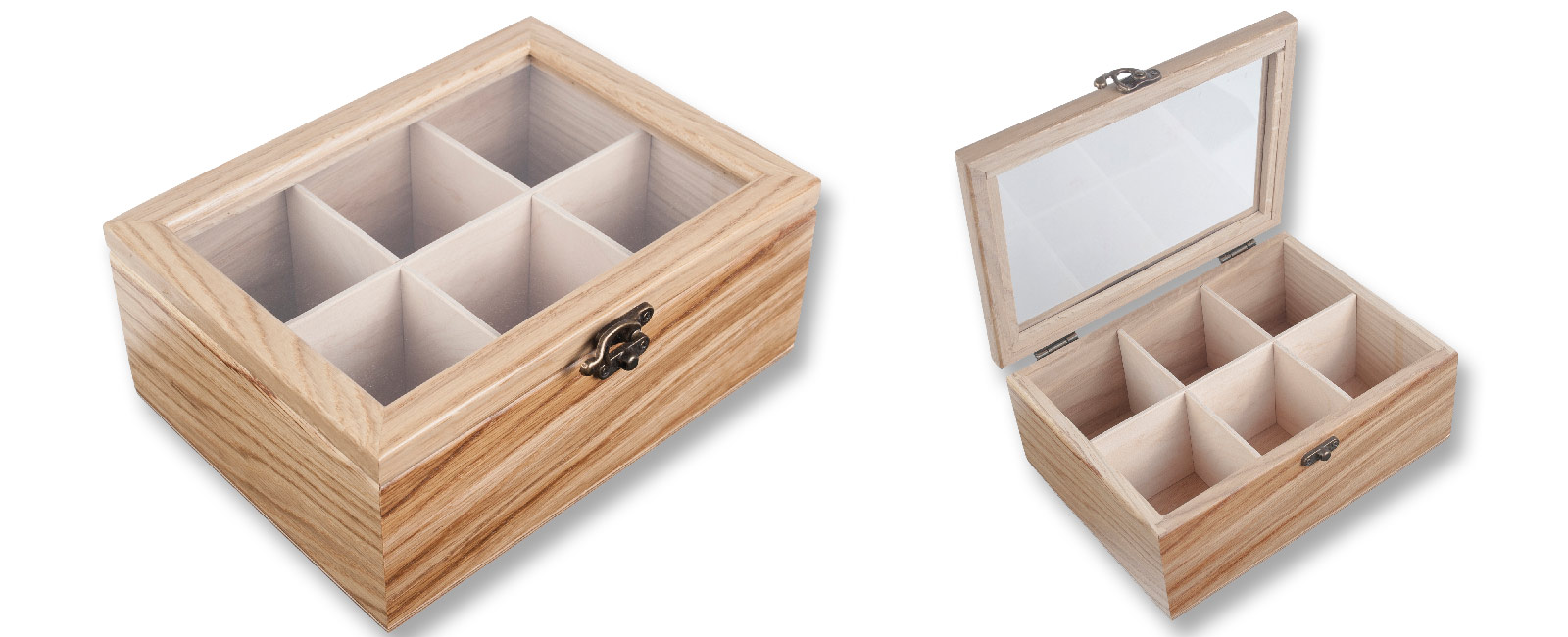 Teekiste, Holzkasten für Teebeutel - Aufbewahrungsbox 6 Fächer aus Eichenholz Teebox Teebeutel-Box Holz